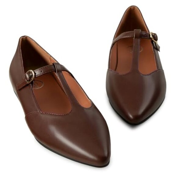 Women's T-Strap Mary Jane Ballet Flats Pointed Toe Adjustable Buckle Slip On - Picture 6 of 8